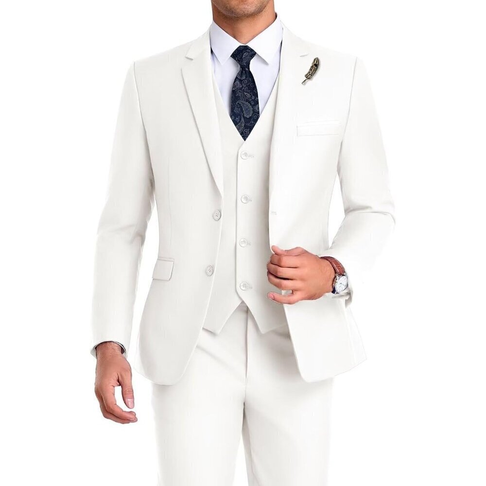 Men's Notched Lapel Lvory Groomsmen Slim Fit 3 Pieces Suit for Wedding